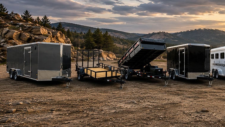 Various types of Trailers on dirt road